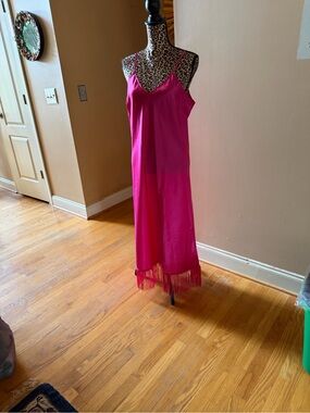 Fuchsia Fringe Slip Chemise with Adjustable Spaghetti Straps